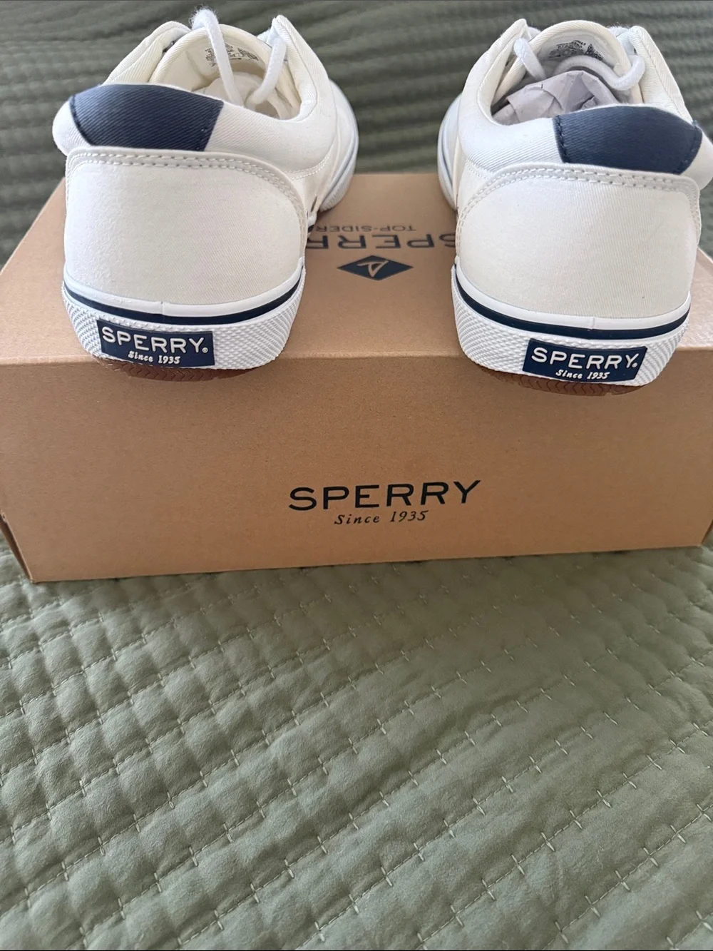 Sperry Men's White Canvas Boat Shoes with Navy Trim Men’s Size 13
